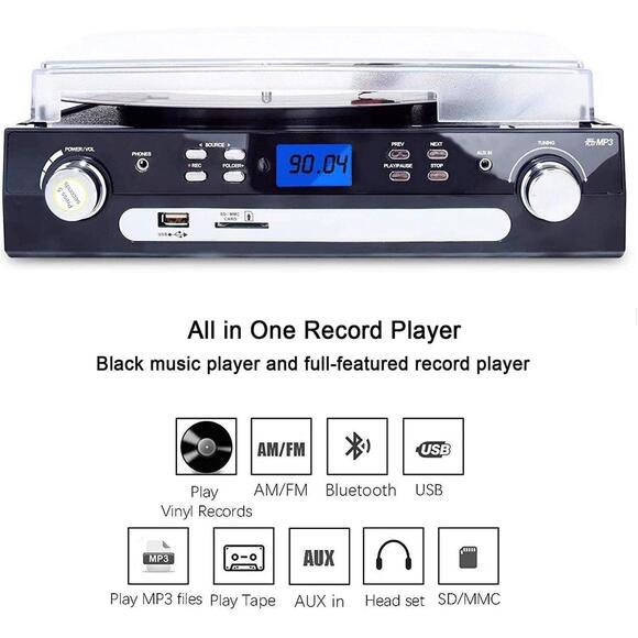 Vinyl/LP Turntable Record Player, with Bluetooth,AM&FM Radio, Cassette Tape, Aux - Picture 2 of 7